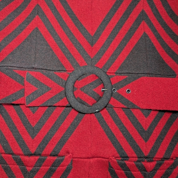 Alice + Olivia Geometric Wool Sweater Dress | Red Black | Belted Waist | Size M - Picture 7 of 9